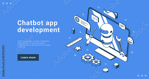 Chatbot app development online advertising landing page vector isometric illustration. Robotic artificial intelligence AI future marketing internet dialog help service customers support