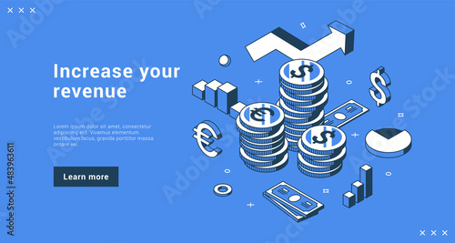 Increase your revenue business strategy development internet advertising landing page isometric vector illustration. Successful corporate profit growth finance diagram analyzing cash money currency