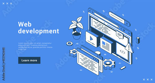 Web development service support business internet advertising landing page isometric vector illustration. Programming application coding e commerce digital media marketing seo optimization technology