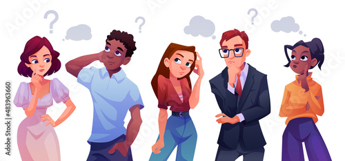 Businessman and team thinking on question and problem solution. Vector isolated students and teacher brainstorming. Confused flat cartoon characters showing pensive curious facial expressions