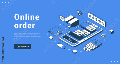 Online order digital store application for buying goods internet service landing page isometric vector illustration. Internet shopping technology with smartphone emoney payment and shop rating