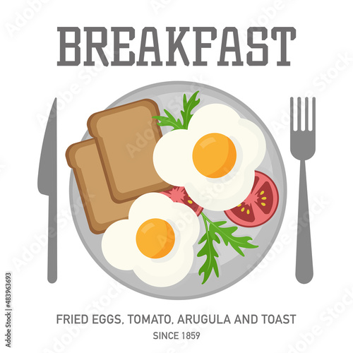 Breakfast of fried eggs toast and tomatoes