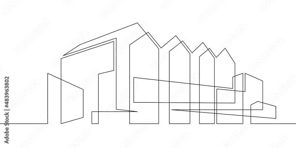 One continuous line.Continuous line drawing.Modern minimalist home. Residential city house. Architectural concept of the building.Line Art isolated white background.