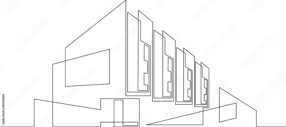 One continuous line.Continuous line drawing.Modern minimalist home. Residential city house. Architectural concept of the building.Line Art isolated white background.