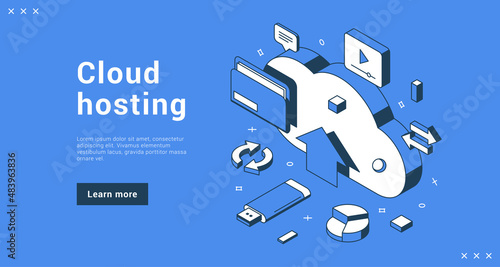 Cloud hosting personal digital data information storage service internet banner landing page isometric vector illustration. Modern technology network cyberspace database download online software