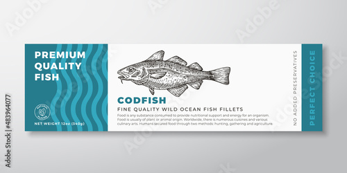 Premium Quality Codfish Vector Packaging Label Design. Modern Typography and Hand Drawn Fish Silhouette Seafood Product Background Layout