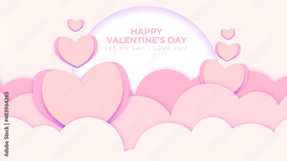 pink heart and clouds valentine papercut background