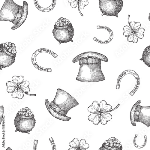 Hand Drawn Leprechaun Hat, Horseshoe and Treasure Pot Vector Seamless Background Pattern with Clover Leaves. Saint Patrick Celebration Greeting Sketch Wallpaper Wrapping or Cover Template