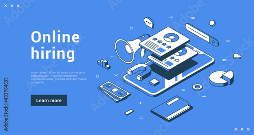 Online hiring head hunting application with vacation finding job or employee internet banner landing page isometric vector illustration. HR service recruitment business opportunity candidate hire