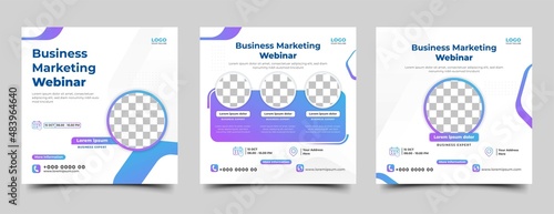 Webinar invitation social media post design templates. Modern square banner with white color background and place for the photo.