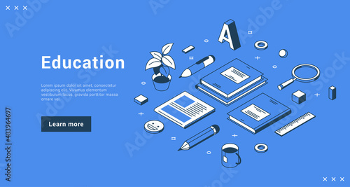 Photographie Education or business training learning information school college university internet banner landing page isometric vector illustration