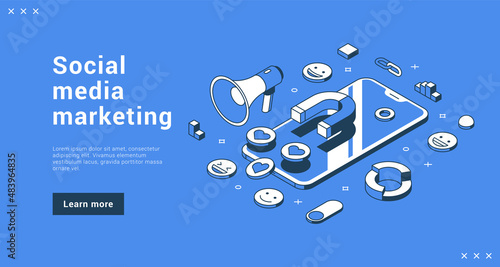 Social media marketing promo seo optimization service internet banner landing page isometric vector illustration. Cyberspace promotion campaign with smartphone advertising business strategy