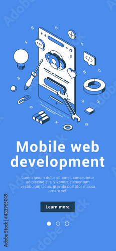 Mobile web application development debug smartphone screen testing usability interface website software banner isometric vector illustration. Coding programming cyberspace analyzing site construction