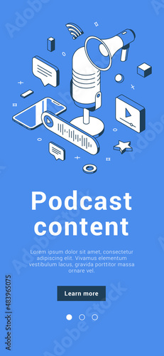 Podcast content recording internet broadcasting with retro microphone and smartphone mobile banner isometric vector illustration. Radio interview blogger presenter online dialog streaming