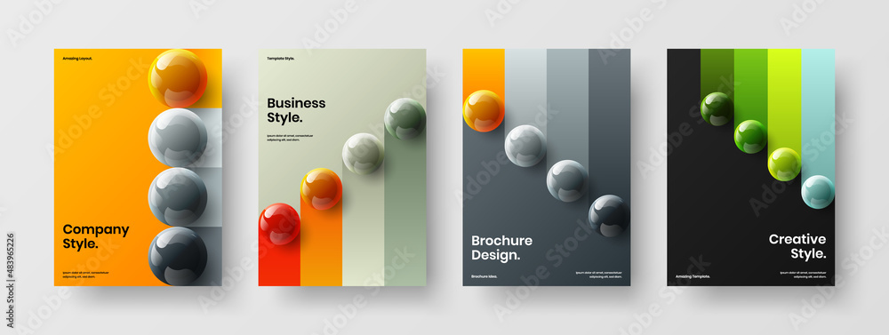 Multicolored realistic spheres book cover layout composition. Minimalistic company identity A4 design vector template collection.
