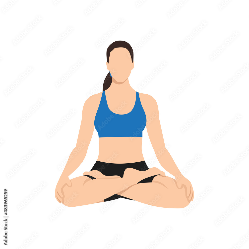 Woman doing lotus pose padmasana exercise. Flat vector illustration isolated on white background Woman doing lotus pose padmasana exercise. Flat vector illustration isolated on white background