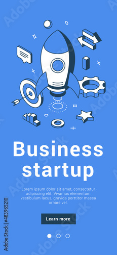 Business startup innovation idea rocket launching successful strategy development mobile banner isometric vector illustration. Professional corporate marketing management creative process