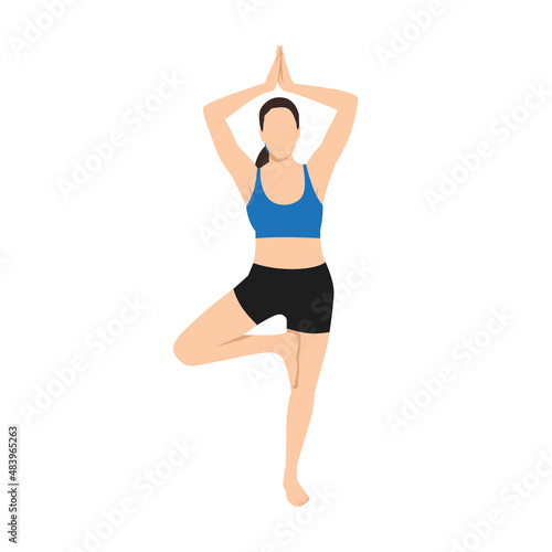 Woman doing tree pose vrksasana exercise. Flat vector illustration isolated on white background
