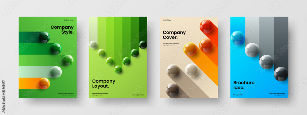 Trendy book cover A4 design vector illustration collection. Premium realistic spheres handbill concept composition.