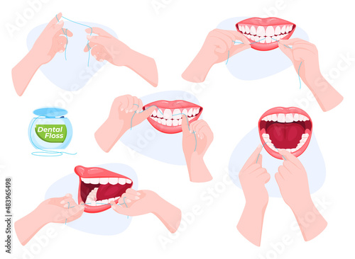 Instructions on how to use dental floss set vector flat illustration. Oral health care mouth