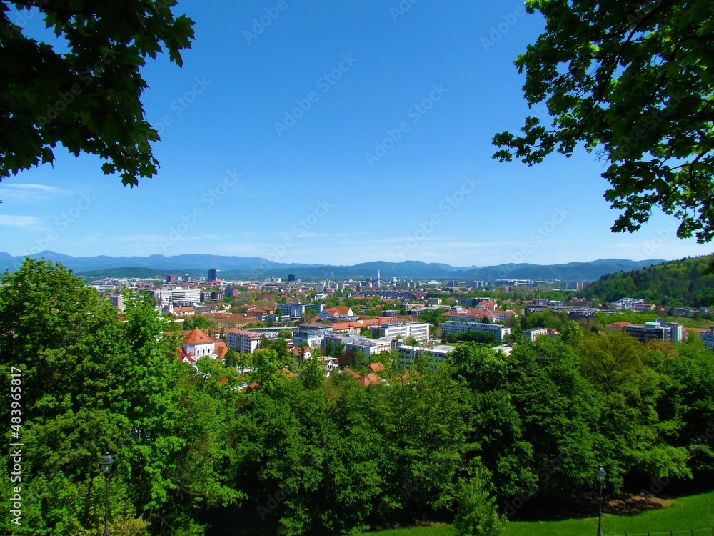 Scenic view of Ljubljana capital city of Slovenia trees in front