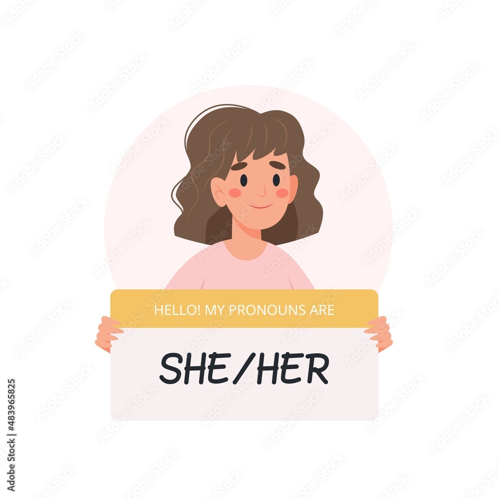 Gender pronouns - woman holding sign with pronoun, female character. Vector illustration in flat style Gender pronouns - woman holding sign with pronoun, female character. Vector illustration in flat style