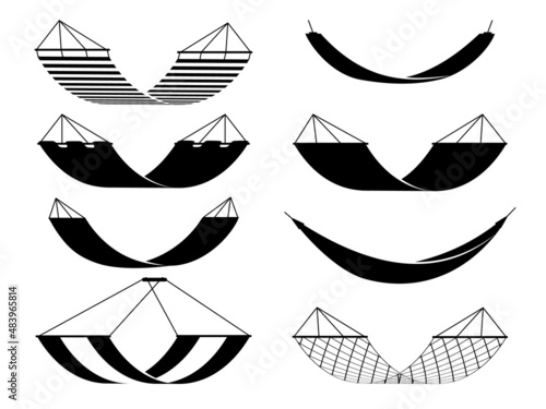 Black hammock icons. Different types camping adaptations, touristic simple silhouettes signs, outdoor relax comfortable objects. Hanging canvas sofas for picnic vector isolated set