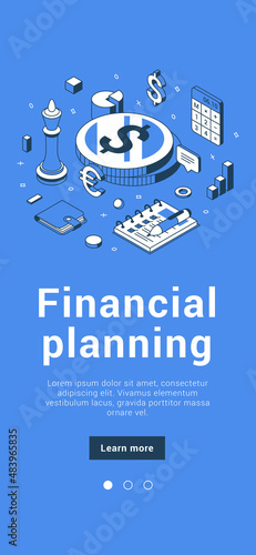 Financial planning account budget balance with expenses and earnings calculating mobile banner isometric vector illustration. Work profit success strategy development money economic optimization