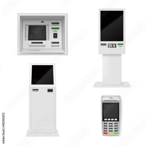 Realistic payment machine collection vector illustration. Self order kiosks, ATM, POS terminal