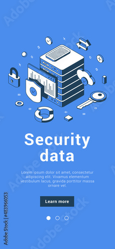 Security data server personal information protection cyberspace privacy mobile banner isometric vector illustration. Confidential account cyber content datacenter file storage with shield and padlock