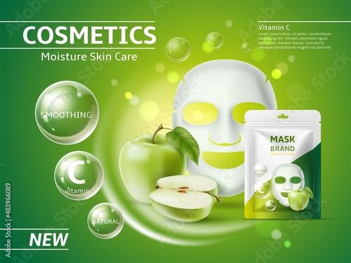 Cosmetic apple face mask poster. Realistic skincare smoothing product. Fruit acids peeling. Vitamin C ingredient. Moisturizing and anti aging effects. Advertising banner. Vector concept