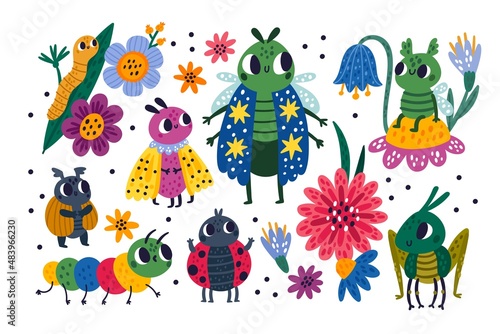 Cute bugs. Funny cartoon insects. Flying butterfly and crawling caterpillar characters. Moths and happy grasshopper with flowers. Ladybug or beetle on leaves. Vector small animals set