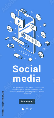 Social media digital marketing entertainment advertising content with smartphone cyberspace communication mobile banner isometric vector illustration. Creative blogging internet business technology