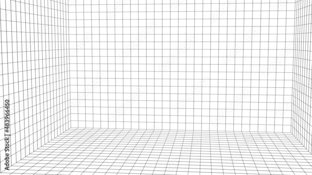 White wireframe room. Empty perspective box. Futuristic digital grid cube. Cyberspace with mesh in virtual reality. 3D rendering.