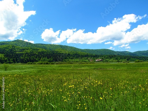 Javorniki mountains covered in mixed conifer and broadleaf forest in Notranjska, Slovenia and field near lake Cerknica in front