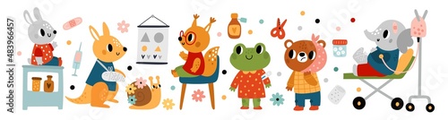Cute patients animals. Sick cartoon characters. Injured kangaroo. Bear with bad teeth. Squirrel at oculist appointment. Elephant lying on medical gurney. Zoo clinic. Vector ill creatures set