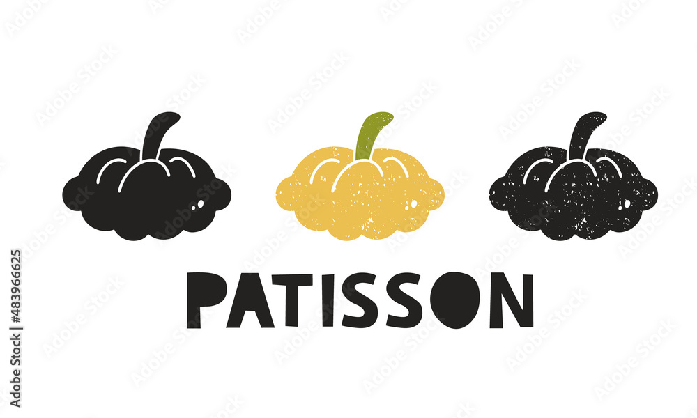 Patisson, silhouette icons set with lettering. Imitation of stamp, print with scuffs. Simple black shape and color vector illustration. Hand drawn isolated elements on white background Patisson, silhouette icons set with lettering. Imitation of stamp, print with scuffs. Simple black shape and color vector illustration. Hand drawn isolated elements on white background