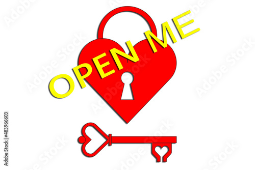 Valentine's Day, love: open to love, a red heart-shaped lock with a key asking to be opened. white background and illustration in 3d graphics.