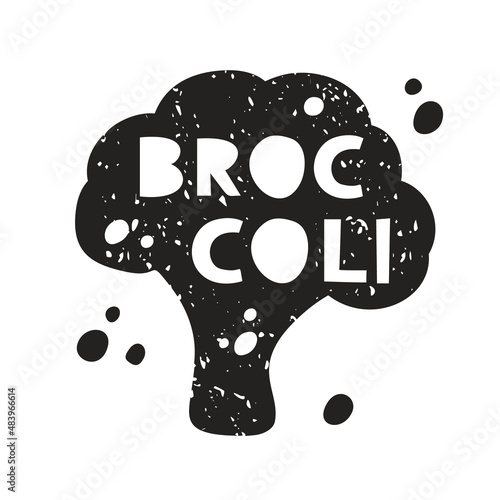 Broccoli grunge sticker. Black texture silhouette with lettering inside. Imitation of stamp, print with scuffs. Hand drawn isolated illustration on white background