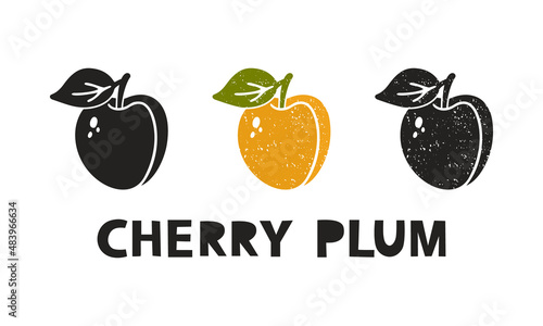 Cherry plum, silhouette icons set with lettering. Imitation of stamp, print with scuffs. Simple black shape and color vector illustration. Hand drawn isolated elements on white background