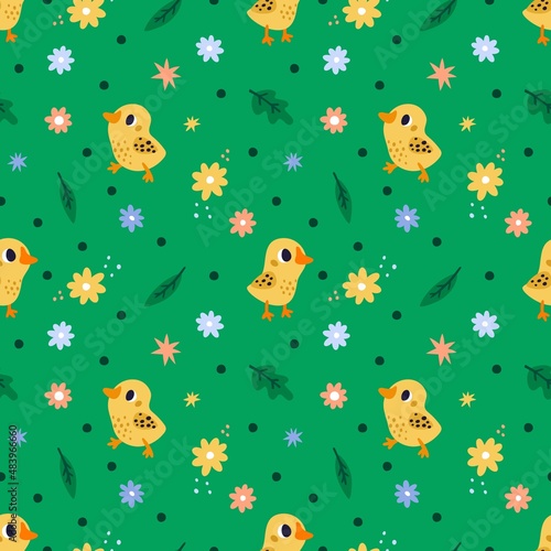 Farm birds seamless pattern. Cartoon print with funny little ducklings. Poultry yard inhabitants. Yellow chicks and goslings. Green flower meadow. Fowl and plant leaves. Vector background