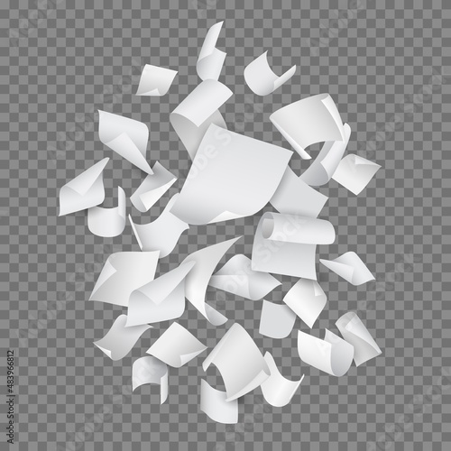 Flying papers group. Realistic white notebook pages, blank sheets composition, isolated curled notepaper, curved office papers falling in air, documents background vector concept