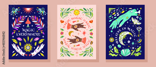 Magic banners set A4 magic in boho, retro style. Use for banner, poster, print, web elements