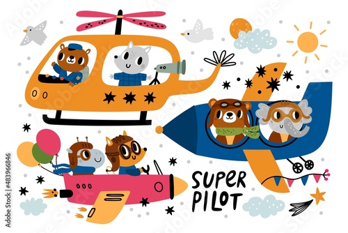 Funny animals fly. Avatars on different aircraft. Planes and helicopter. Bears and fox pilots. Wolf and elephant passengers. Hippopotamus travels by airplane. Vector air transport set