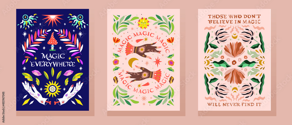 Magic banners set A4 magic in boho, retro style. Use for banner, poster, print, web elements
