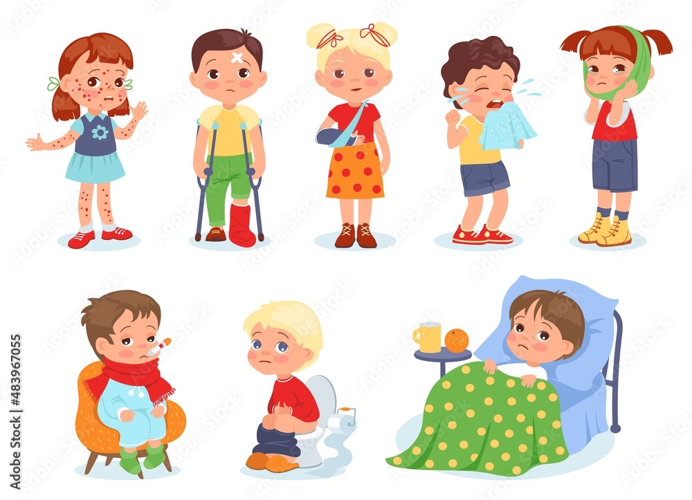 Ill children. Kids illnesses, injuries and ailments. Girls and boys with cast on arm. Health care. Fractures and toothache. Babies with rash, fever or diarrhea. Vector unhealthy persons set