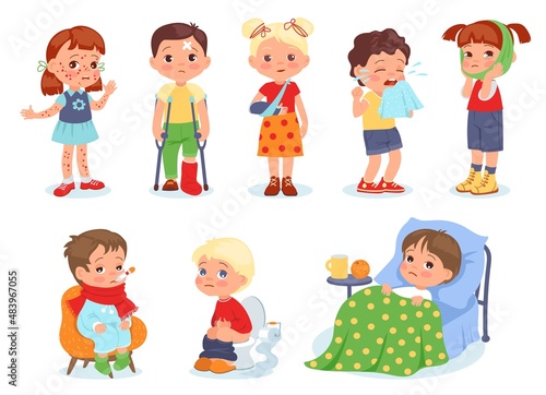 Ill children. Kids illnesses  injuries and ailments. Girls and boys with cast on arm. Health care. Fractures and toothache. Babies with rash  fever or diarrhea. Vector unhealthy persons set
