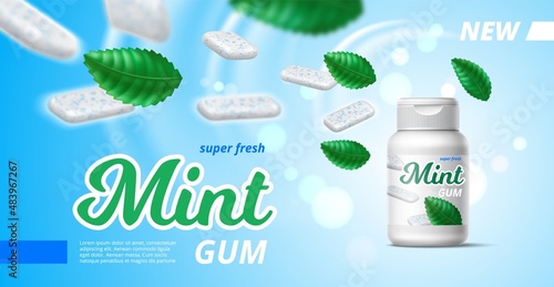 Mint chewing gum. Realistic green spearmint leaves and bubblegum pads with blue granules. Fresh breath. Jar packaging design. Dental care menthol chewy candies. Vector advertising poster