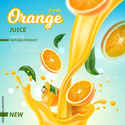 Realistic orange juice. Refreshing tropical fruit drink. Splash with jet and flying drops. Pouring natural beverage. Citrus slices and leaves. Vitamin C product. Vector advertising poster