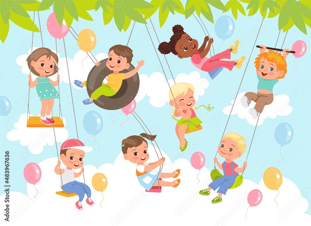 Rope swing. Young acrobats. Boys and girls swinging under tree leaves. Children characters flying on bungee and wheels. Outdoor games. Kids have fun in nature. Summer leisure. Vector frame